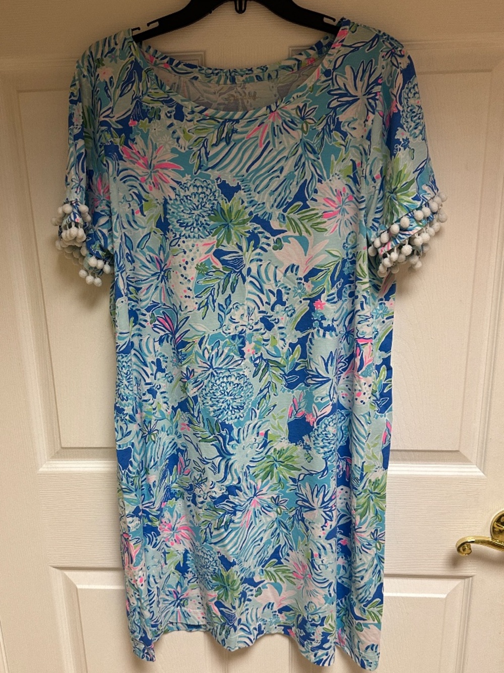 Lilly Pulitzer Lissie Blue Tropical Pom Pom Sleeve Shift Dress Size XL